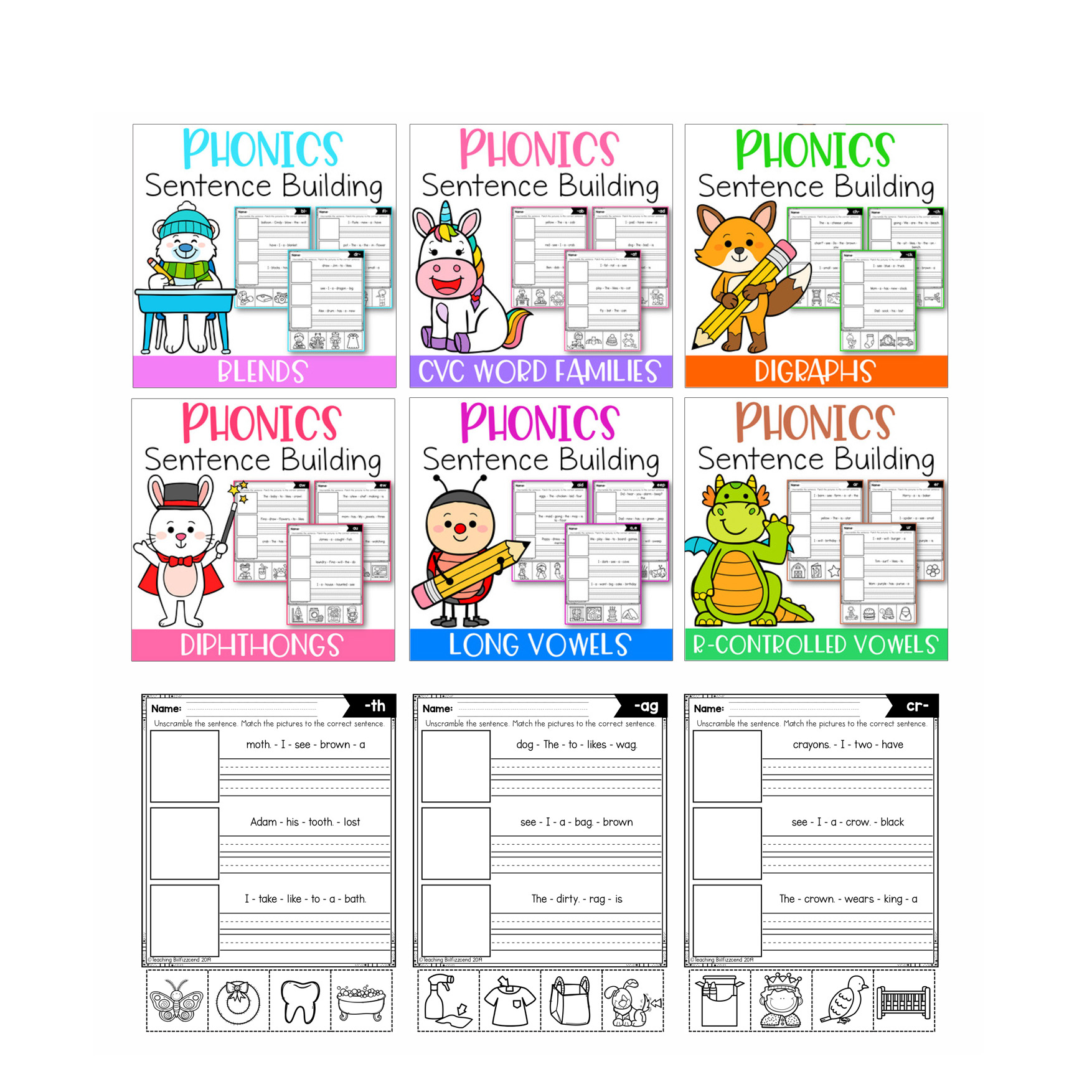 PHONICS SENTENCE BUILDING FOR GRADE 1 ACTIVITY WORKSHEET SET #01 - 94PAGE / PRINTABLE PDF