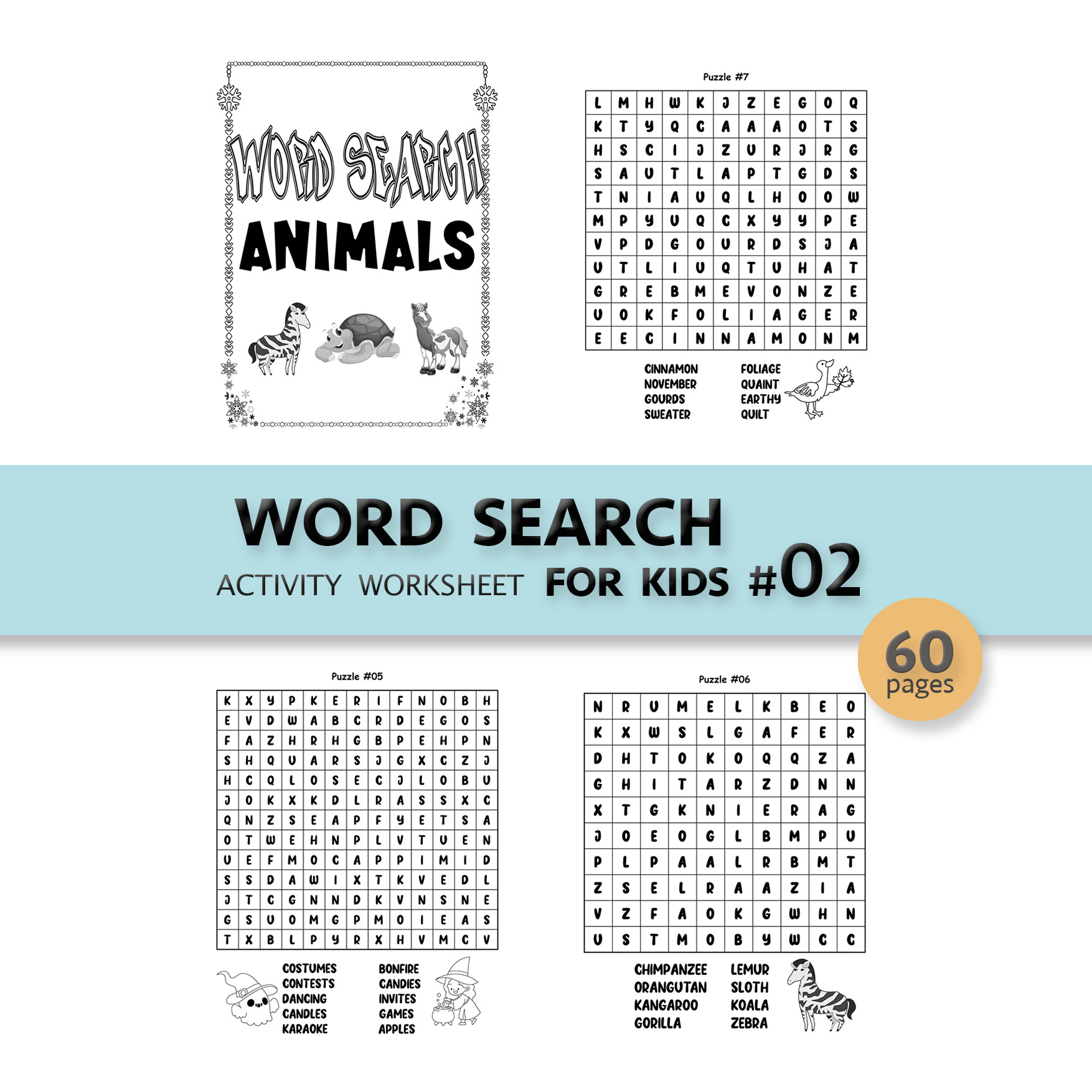 WORD SEARCH PUZZLE FOR KIDS SET #02 - 60PAGE / PRINTABLE PDF