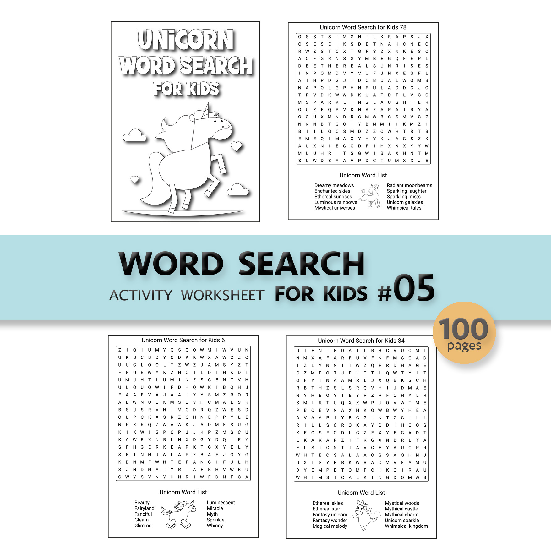 WORD SEARCH PUZZLE FOR KIDS SET #05 - 100PAGE / PRINTABLE PDF