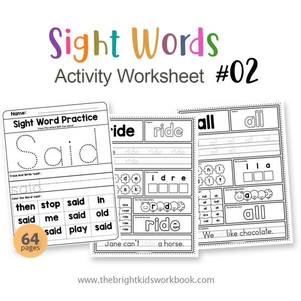 SIGHT WORDS ACTIVITY WORKSHEET SET #02 -  64PAGE / PRINTABLE PDF FOR PRE-K AND PRE-SCHOOL (Age 2-6)