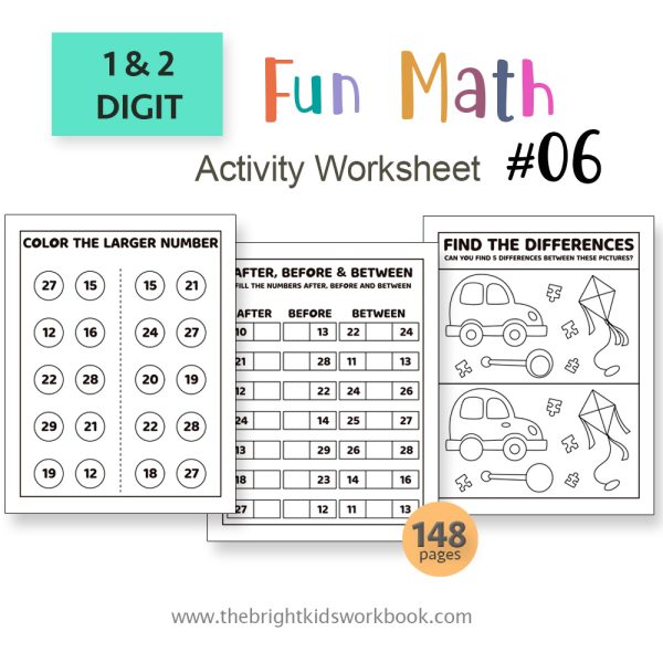 DIGIT 1 & 2 FUN MATH ACTIVITY WORKSHEET SET #06 - 148PAGE / PRINTABLE PDF FOR PRE-K AND PRE-SCHOOL