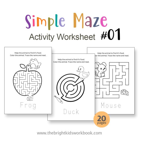 MAZE ACTIVITY WORKSHEET SET #01 - 20PAGE / PRINTABLE PDF FOR PRE-K AND PRE-SCHOOL
